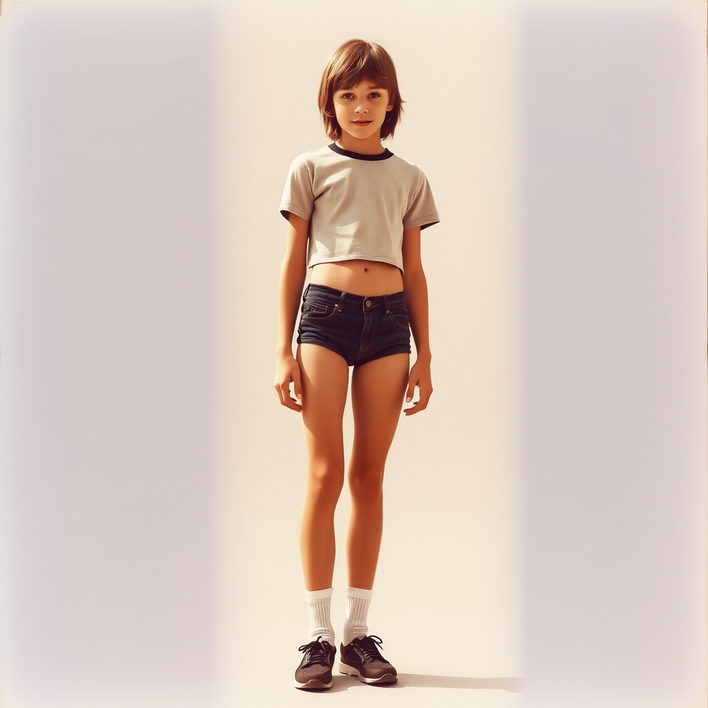 Tall skinny teen boy, shoulders long hairs, wearing crop t-shirt, tight booty shorts, socks, shoes, long legs, bare thighs. Vintage photograph, 1970s. 
Negative: bad anatomy, extra limbs, watermark.