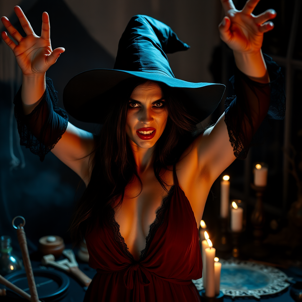 a scary witch with a beautifully sinister face both arms up menacingly at the viewer intensely with one arm up high in the air. She's wearing loose fitting and enticing negligee that hints at dark secrets beneath. Cosplayed by a Romanian dancer. The scene is dramatically lit and filled with the tools of the witchcraft trade.