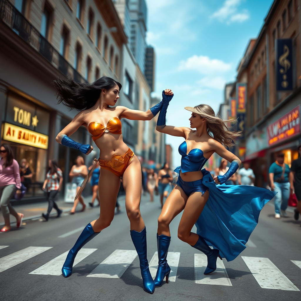 two super heroines fighting naked in a busy street