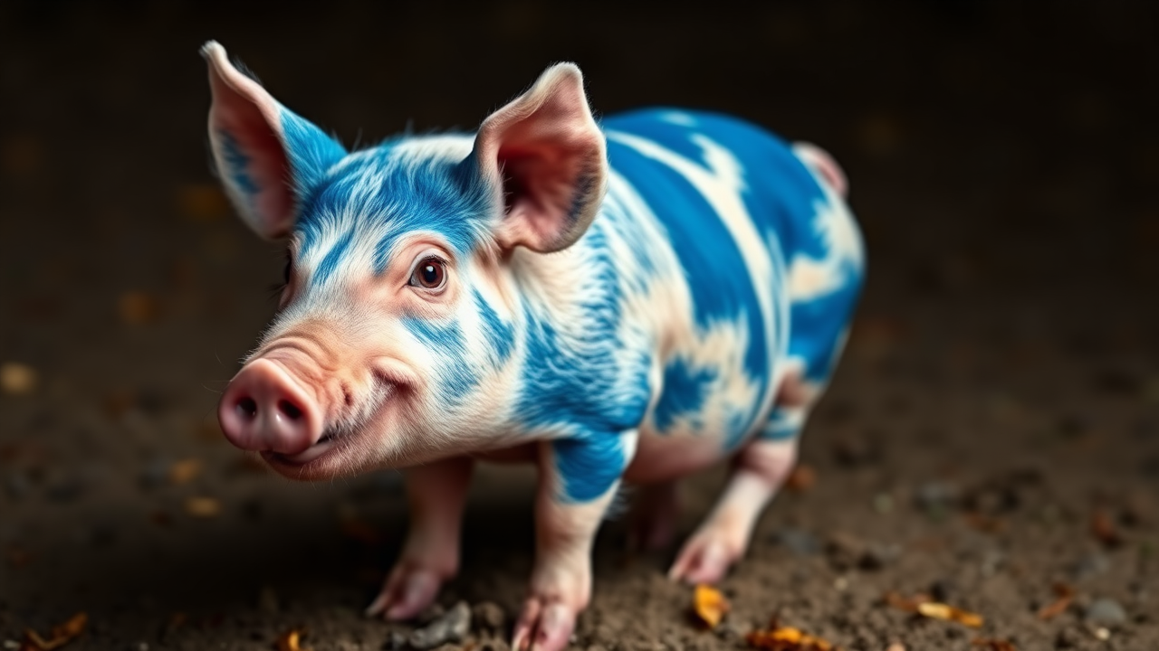 photo, red-eyes blue pig, full body