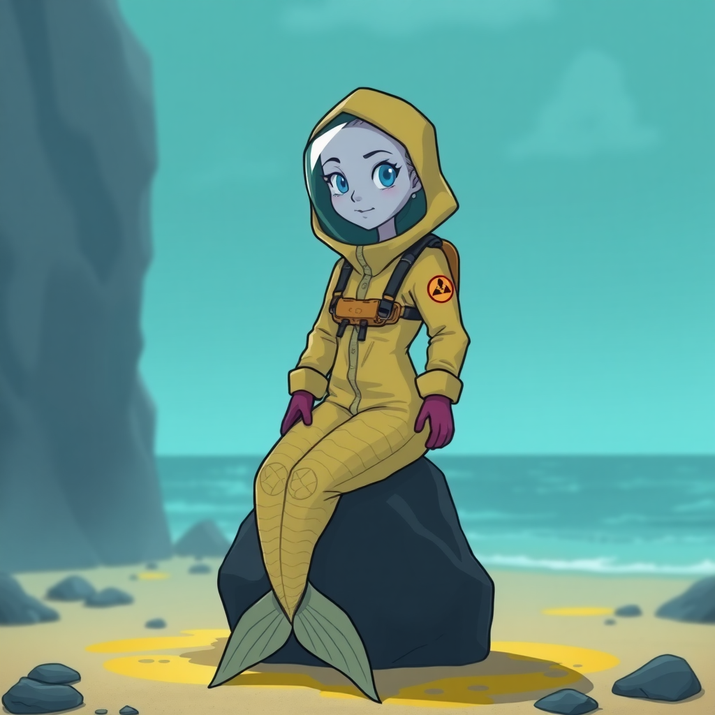 A cartoon female bald mermaid wearing a full hazmat suit with hood and face screen while sitting on top of a rock on a toxic looking beach.