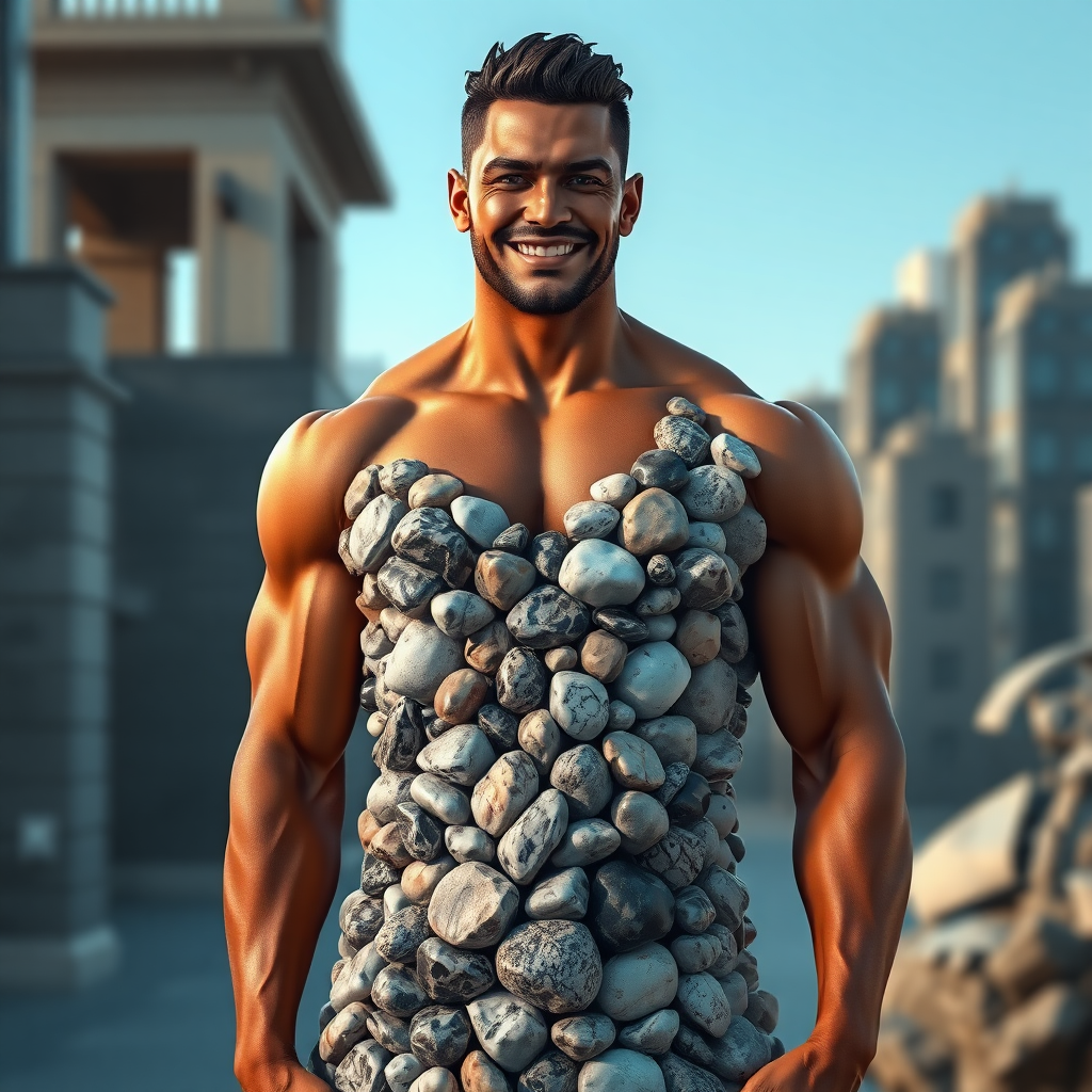 Create a mesmerizing masterpiece featuring a muscular man with a warm smile, wearing a striking dress made entirely of intricately detailed stones. Each stone is uniquely shaped and arranged to form a visually captivating gown that highlights the contrast between strength and elegance. The figure is rendered in stunning hyperrealism, with meticulous attention to every detail, from the texture of the stones to the warmth of his expression. The background merges architectural elements with a modern cityscape and portrait photography, blending fashion and structure in a harmonious, cinematic composition. This 3D render brings depth and dimension to the scene, immersing the viewer in a world where art, architecture, and fashion intersect.

Inspired by the vibrant artistry of Léa Bounty, Leonid Afremov, Kyle Lambert, and Monica Zagrebelna, the work exudes a sense of bold creativity, with dynamic colors, textures, and lighting that evoke a deep emotional response. Every element of the piece is meticulously crafted to engage viewers both visually and intellectually, inviting them to contemplate deeper themes such as humanity’s connection to nature and resilience in the face of change.

---

### **Technical and Artistic Specifications:**

- **Resolution & Display:**  
  - Render at 64K UHD resolution with a wide color spectrum and intricate details, ensuring the highest quality for professional platforms like ArtStation and Behance.

- **Digital Art Techniques:**  
  - Utilize Corel Painter, ZBrush, and Adobe Photoshop to achieve lifelike 3D volume, with smooth, realistic shading and hyper-detailed texturing throughout the figure and dress.

- **Materials & Textures:**  
  - Employ premium pigments, metallic flakes, and glass beads to enhance the vibrancy of textures under dynamic light, adding depth and realism to each stone in the gown.

- **Lighting & Depth:**  
  - Integrate a tranquil chiaroscuro lighting effect to enhance the depth of the scene, using soft, diffused tones and nuanced shades of grey, black, and white to highlight the interplay between the subject and the environment.

- **Rendering Quality:**  
  - Implement advanced 3D rendering techniques and volumetric effects to deliver sharpness and dimensionality. Use a hyper-realistic pencil sketch texture to bring fine details to life, especially in the folds of the gown and the contours of the subject.

- **Composition & Focus:**  
  - Use a cinematic close-up composition, capturing the rugged elegance of the subject with a focus on facial expression and the intricate stone textures. A balanced f/11 aperture will preserve vivid color, depth, and photorealistic detail.

- **Overall Harmony:**  
  - Achieve seamless visual harmony by balancing strong colors, textures, and lighting. The composition should evoke both emotional depth and technical precision, creating a captivating and coherent image.

---

### **Key Artistic Elements:**
- Chiaroscuro lighting for mood and contrast.
- Soft, nuanced colors in grey, black, and white for subtlety.
- 3D volumetric effects for enhanced realism.
- Hyper-realistic sketch texture to emphasize intricate details.
- Gentle depth to create lifelike impact and immersion.

---

This revised prompt maintains the original's essence while streamlining its structure for clarity and emotional impact. It presents detailed technical and artistic instructions with a refined flow, ensuring a balanced, visually compelling composition that engages viewers on multiple levels.