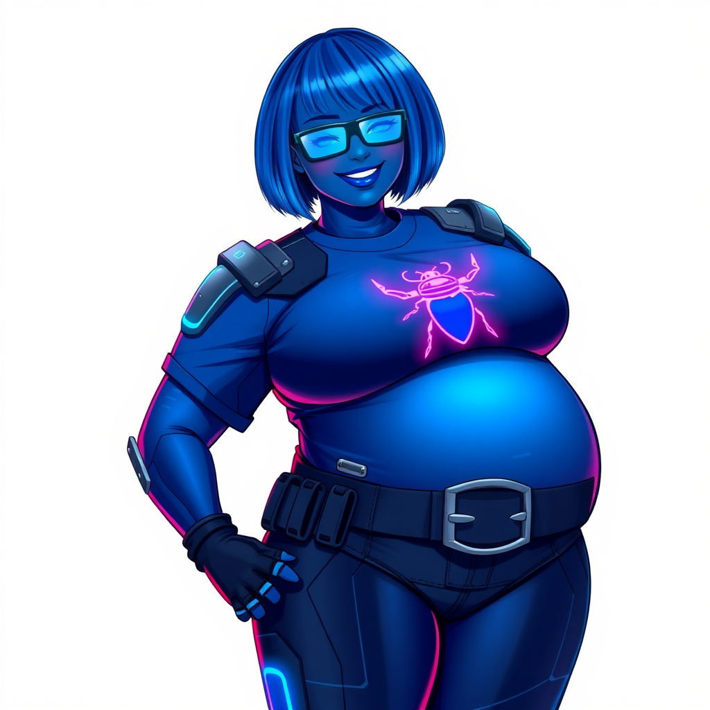 A 28-year-old, full-figured, deep metallic dark blue (5PB 4/10) skinned computer program hybrid with a maximum blue bob cut. She has a non-athletic build, highlighted by a prominent, round, large midsection (with full emphasis on her large belly), which shows the effects of her new love of junk food acquired from her link with her boyfriend. As the full-figured, nerdy, digital sidekick to her cyberpunk vigilante boyfriend, her metallic deep dark blue skin and maximum blue lipstick (5PB 5/12) emphasize her digital nature. Her skin has a subtle, animated glow, with digital patterns occasionally flickering across it, making her digital nature obvious. She wears a digital, computerized costume, consisting of a huge, tight-fitting, maximum blue t-shirt (5PB 5/12) with a neon blue glowing chest icon of a beetle, hi-tech shoulder pads with neon blue accents, a black hi-tech belt with a digital neon blue glowing buckle, digital maximum blue biker pants (5PB 5/12) with neon blue accents, and black hi-tech fingerless biker gloves with neon blue glowing accents. Her neon blue glowing eyes, black eyeglasses with neon blue glowing lenses equipped with a built-in HUD, and bashful smile with neon red blush accentuate her nerdiness. She stands bashfully with one hand behind her back and the other hand gently touching her cheek, her costume covering all her skin and fully emphasizing her full-figured physique (especially her large belly). She is clearly non-athletic, with a full focus on her full-figured physique. Despite her build, she radiates beauty. She has a slim face compared to her physique, accentuating her radiant beauty. She is on a solid white background. She is drawn as if she were in a retro 2D cyberpunk fighting game.