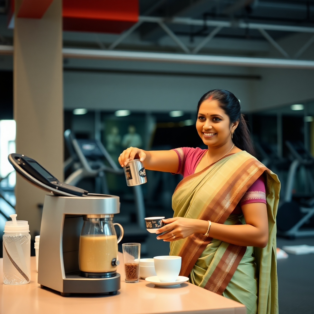 South Indian housewife, serving coffee in gym