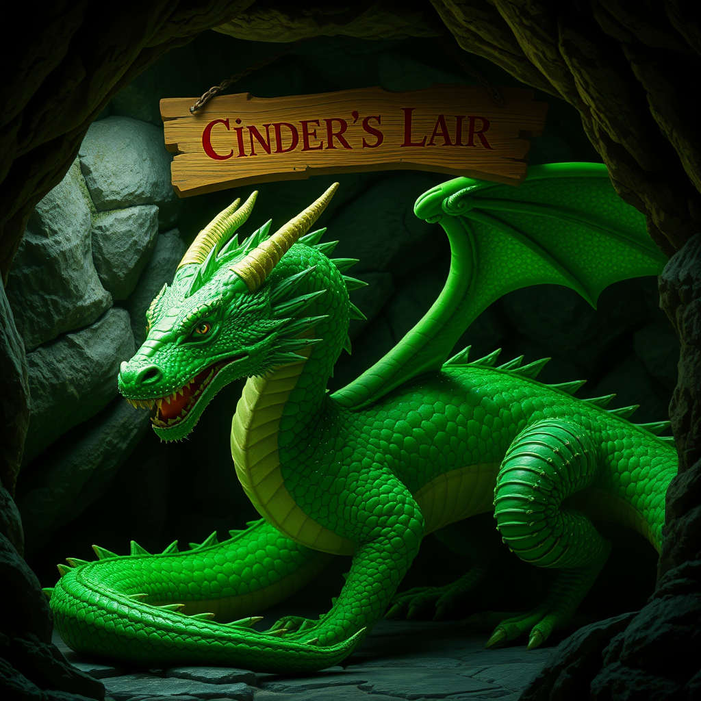 A photo realistic green dragon with sparkly scales in a dragon cave with a sign above it that says "Cinder's Lair"