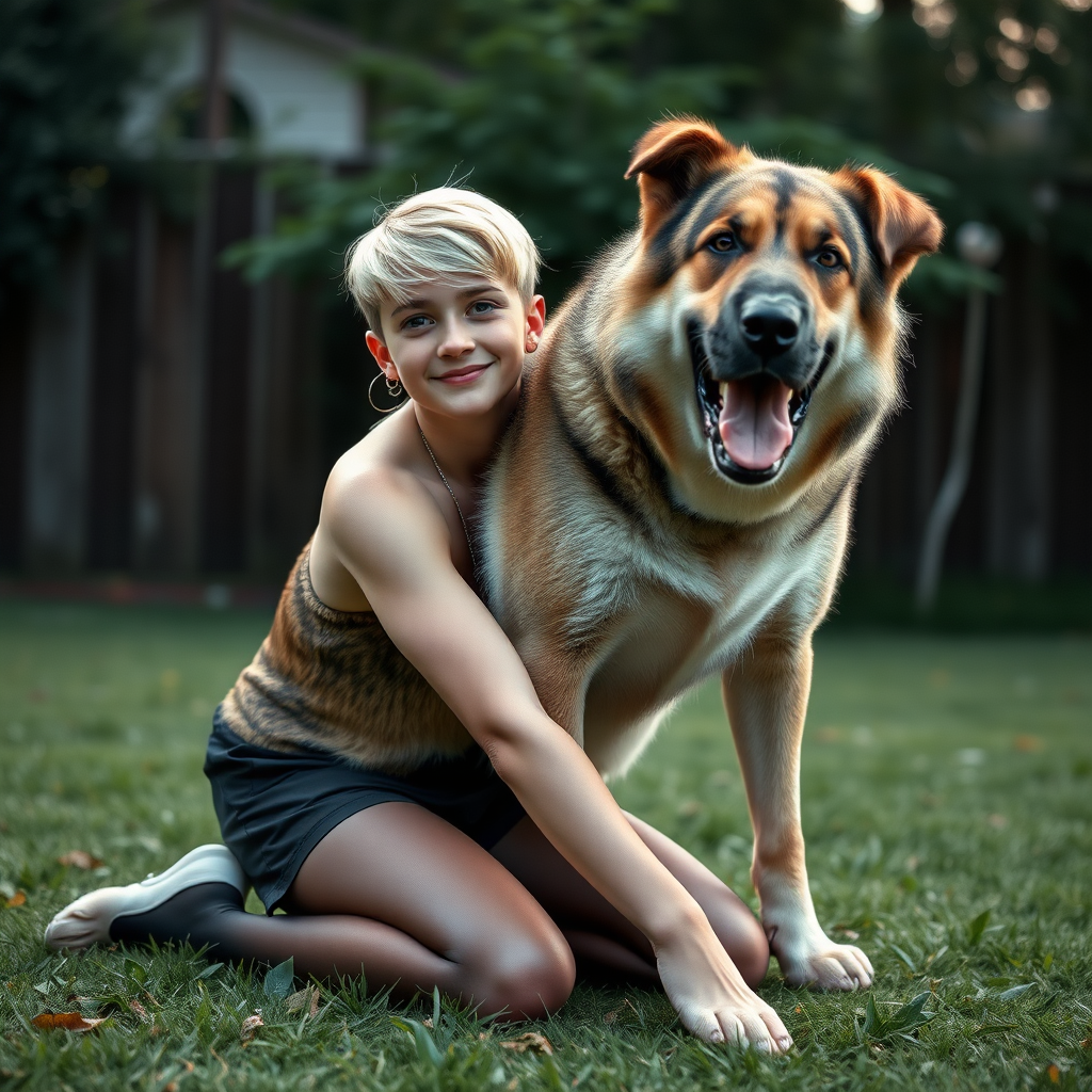 photorealistic, ultra high resolution, 16K, surreal fantasy, studio lighting, a pretty 16 year old goth male, slim male physique, short blonde hair, goth makeup, earrings, pantyhose, white ballet shoes, playing with his large dog in the yard - he is kneeling forward, while the dog stands up behind him and rests its paws on the boys shoulders, excited smile, facing the camera.