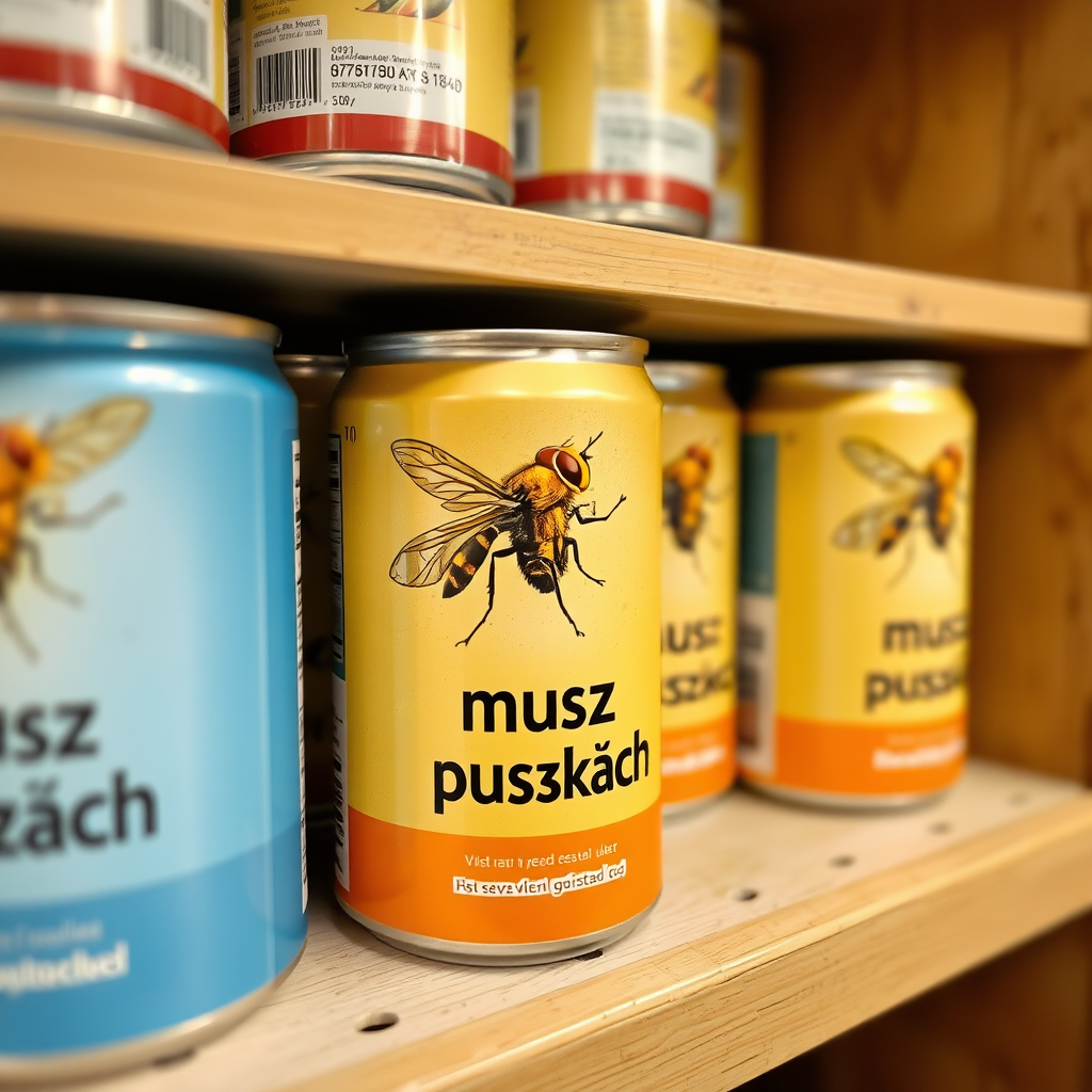 a small shelf with cans that have an image of home fly on the label and text saying exactly "musz w puszkach", with no errors or changes