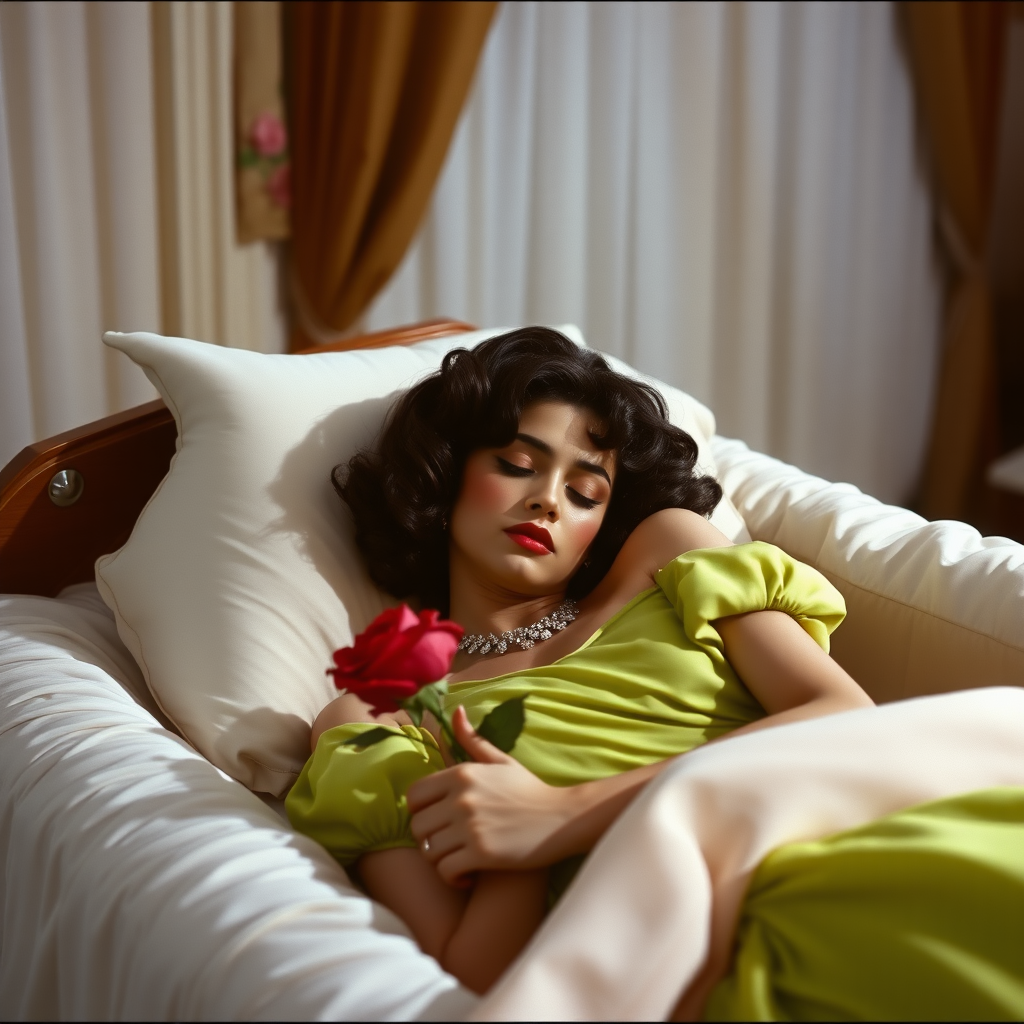 1980s film still of a alluring, feminine 19 year old pakistani prince with short wavy brown hair in a bob with ringlets, rose lipstick, rose blush, long eyelashes, narrow face, wearing a lime green off shoulder puff sleeve dress with a flowing skirt and white sleeves and a diamond festoon necklace. Sleeping in a funeral bier eyes closed holding a rose,, the bedroom is covered by a large curtain in a palace room as the beauty rests forever in a deep death like sleep.