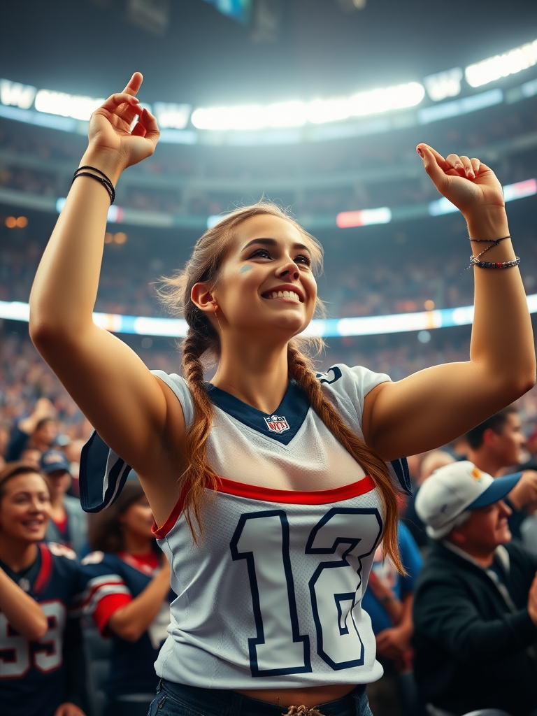 Hot female NFL fan, cheering for her team, pigtail hair, wearing jersey, huge chest, inside crowded stadium