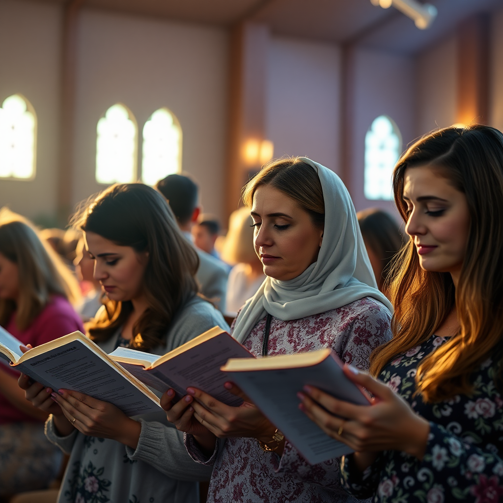 A banner with an image of several women reading their Bibles in a service in an evangelical church, digital art style, ultra detailed, cinematic lights, high quality, 8K