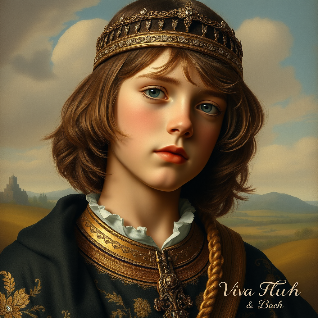 16yo teen boy prince, long bob cut, embroidered with gold and diamonds medieval cloths, diamond diadem, natural Skin Texture, and Beautiful War. Free style by 20% Adolphe William Bouguereau, Academic realism and 20% Sandro Botticelli, early Renaissance and 60% Otto Lomüller, Boy Scout photorealism. The background is in the style of landscape style by Antonio del Polaiolo, Generating the signature at the bottom: Viva FLUX and Bach, ultra high resolution, 16K,