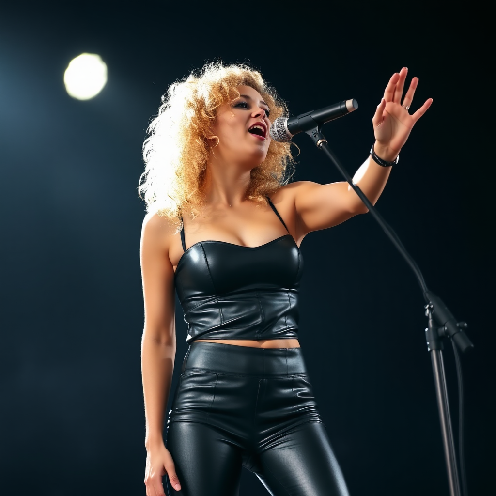 energetic young beautiful woman, very very large breasts, petite with big thighs, curly blonde, black leather top and pants, singing in front of a microphone stand, black background