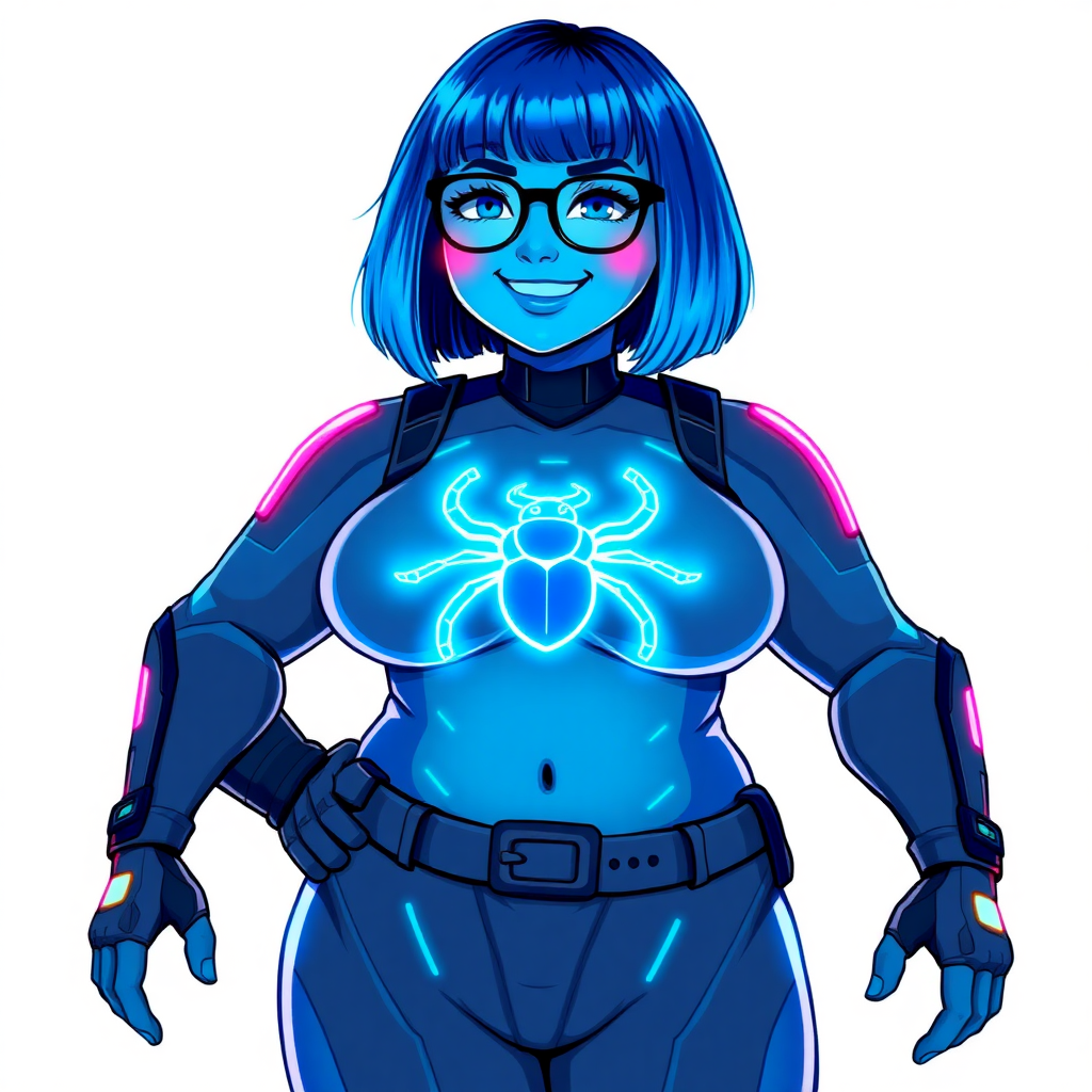 A 29-year-old computer science major, now transformed into a full-figured, nerdy digital sidekick for her cyberpunk vigilante boyfriend, with maximum blue skin. Her bob cut seamlessly blends with her skin, forming part of her data, and her neon blue eyes glow intensely. Her full figure is defined by a prominently round gargantuan midsection, sequoia-sized limbs, and broad shoulders. As a loyal and supportive sidekick, she plays a crucial role in their missions, using her digital skills to assist and protect.

She wears a digital, computerized bodysuit which blends with her hair and skin (appearing to merge together like computer data), all are colored maximum blue. The bodysuit has a glowing neon blue beetle chest icon, along with matching high-tech gloves. She bashfully giggles with a neon red blush, emitting neon blue data cubes from her body, set against a solid white background. Heavily pampered by her doting boyfriend, her full figure (especially her prominently round gargantuan midsection) clearly shows this care. She has the ability to hack into computers and machines, and her nerdiness is blatantly obvious with her black oversized eyeglasses. Her full figure (especially her prominently round gargantuan midsection) is prominently displayed and heavily emphasized. Her outfit is influenced by DC’s Jennifer Knight Phantom Lady but remains distinct. She is drawn as if she was in a retro 2D cyberpunk fighting game. Ensure her skin color is distinct from Inside Out's Sadness and any other character. Ensure her midsection is round and her proportions are bloated to emphasize her figure.