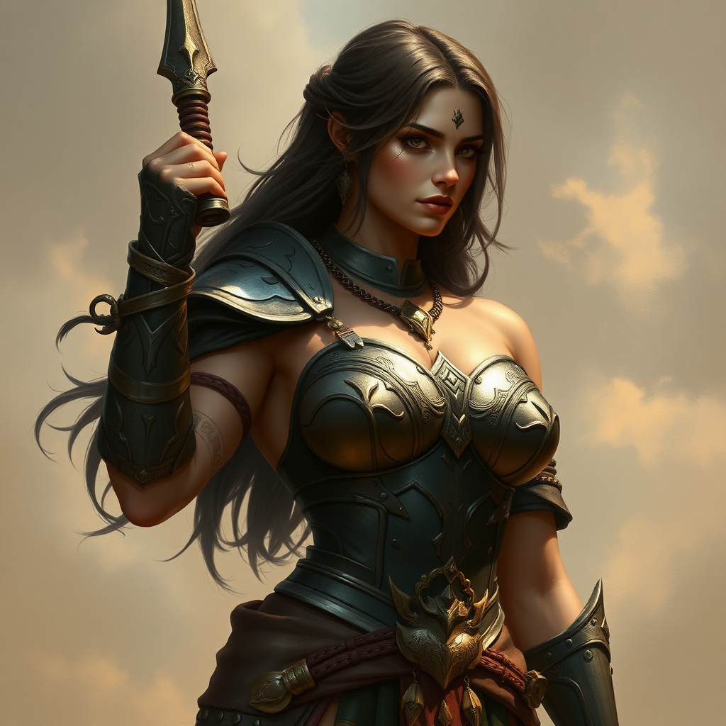 a warrior woman with a magnificent chest of the Aasimar race