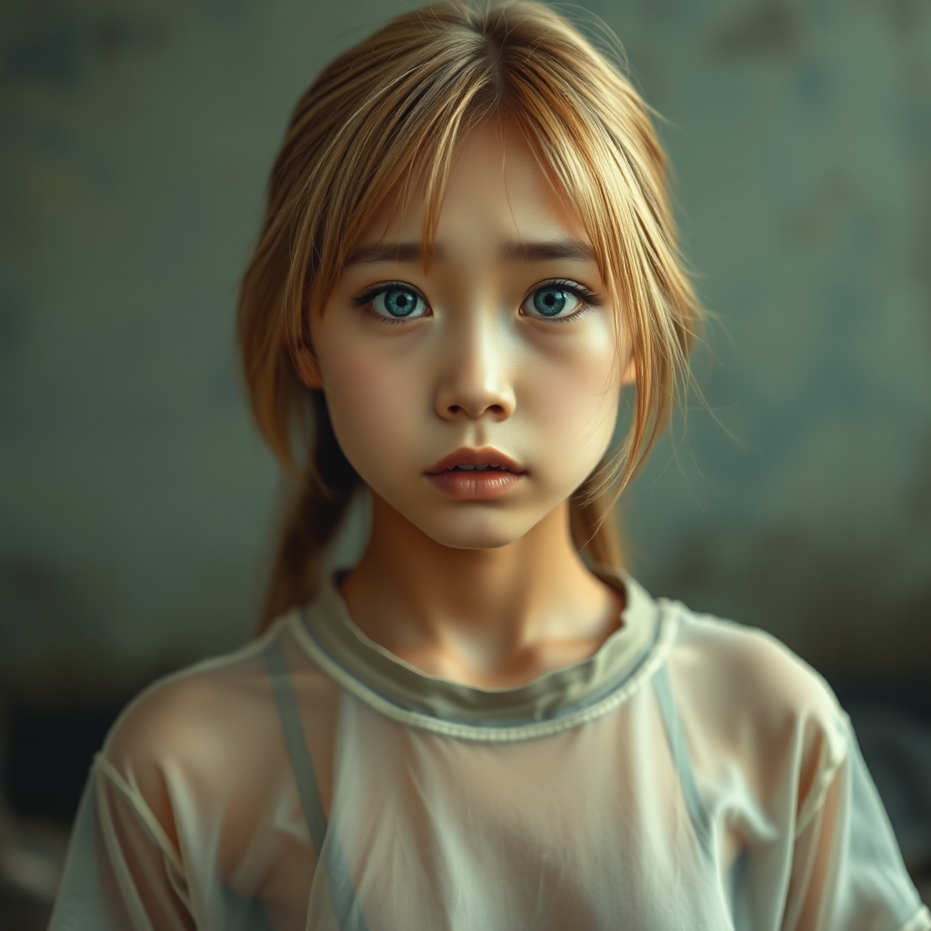 A homeless and sad and mysterious and surreal Asian girl in a very old, transparent T-shirt, with blond hair and steel blue eyes is looking without hope in her eyes and a little bit crying.