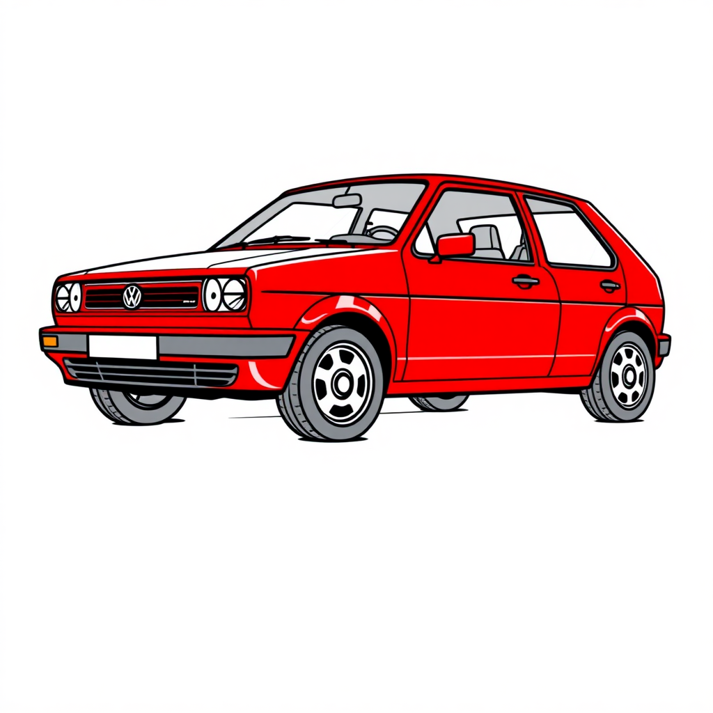 red vw polo II car, long establishing shot, 2D, caricature, cartoon, Sketch lines, coloring book, coloring book style on white background, well composed, clean coloring book page, No dither, no gradient, strong outline, No fill, No solids, vector illustration, realistic proportions, blueprint, left side view