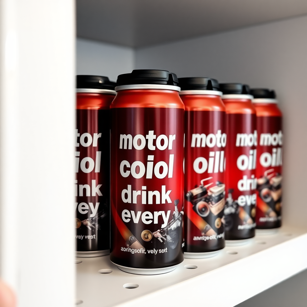 a small shelf with cans that have an image of car engine on the label and text saying "motor oil drink every day"