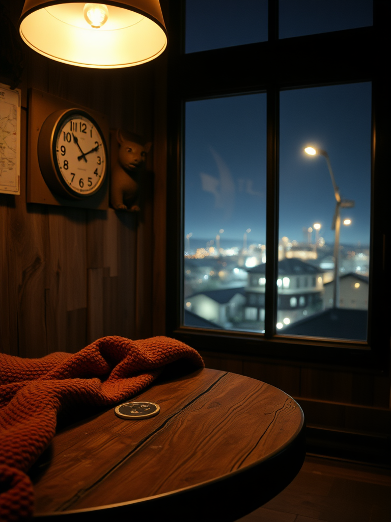 An amateur shot capturing a low, worn wooden lounge bar table, barely visible beneath a cozy, textured blanket that drapes over its surface, creating a warm and inviting atmosphere. A couple of used coasters rest on the blanket, hinting at recent gatherings. The soft glow of a dim overhead lamp casts gentle shadows, enhancing the intimate feel of the scene. In the background, a rustic wooden wall is adorned with a few peculiar items nailed to it—an unusual vintage clock, a quirky animal figurine, and a faded map—each element slightly out of focus, creating an air of mystery. Outside the window, a serene night landscape merges with a muted cityscape, where distant buildings and light poles softly illuminate the darkness, adding a touch of tranquility to the overall ambiance.