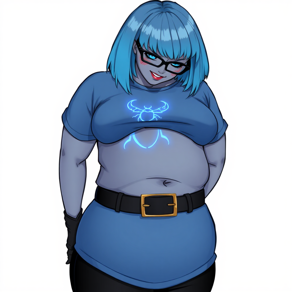 A 28-year-old, full-figured, metallic middle gray skinned computer program hybrid with a maximum blue bob cut. She has a non-athletic build, highlighted by a prominent, round midsection (with a focus on her belly). As a digital sidekick and computer hacker to her cyberpunk vigilante boyfriend, her middle gray metallic skin and maximum blue lipstick emphasize her digital nature. She wears a tight-fitting, maximum blue t-shirt (accentuating her belly) with a neon blue glowing chest icon of a beetle, black pants, a black belt with a sapphire scarab buckle, and black gloves. Her bright blue eyes, black eyeglasses, and lovestruck smile with neon red blush accentuate her nerdiness. She bows her head bashfully with her hands behind her back and a neon red blush, her t-shirt covering her midsection (especially her belly) and emphasizing her full-figured, non-athletic physique. She is on a solid white background. She is drawn as if she was in a retro 2D cyberpunk fighting game. She is clearly non-athletic, with a focus on her full figure. Ensure her t-shirt covers her midsection (especially her belly).