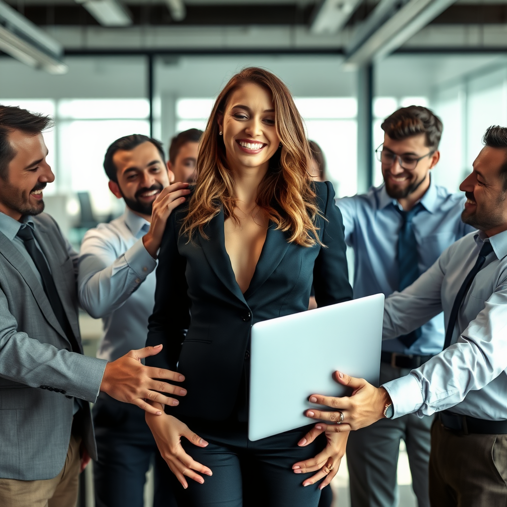 a happy business woman in the office, her many male colleagues are surrounding her, touching her all over her body