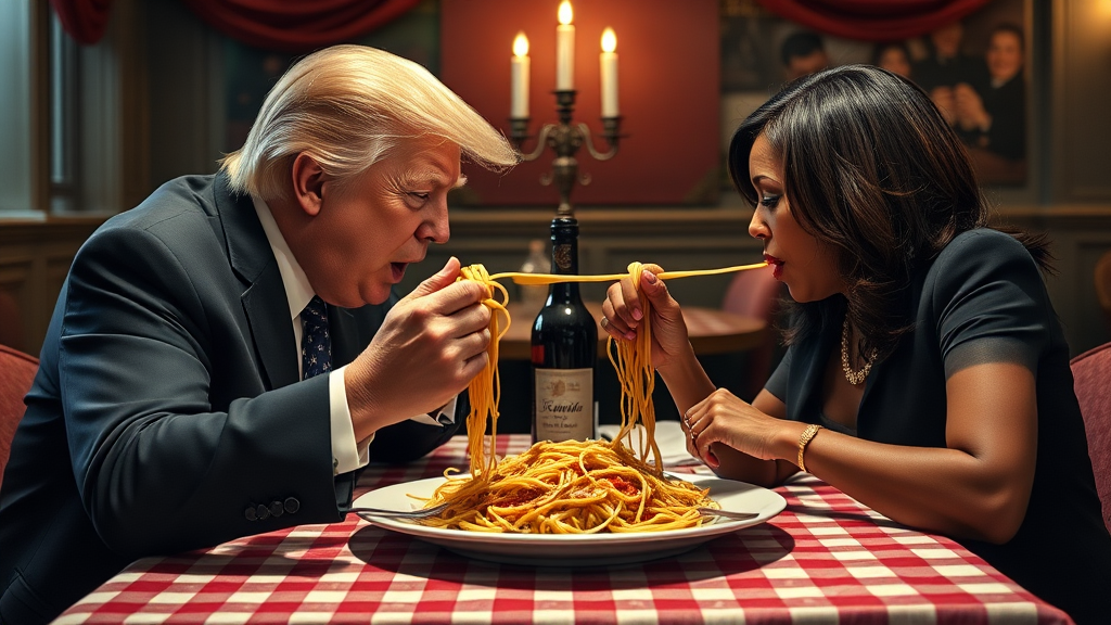 Photoreal style. ratio: 16:9. Donald Trump and Kamala Harris eating in an Italian restaurant a la the one in 'Lady and the Tramp.' Checkered tablecloth, Chianti bottle used as a candle holder. Both humans are eating spaghetti from one shared plate with their hands and end up eating the same long piece of spaghetti, making their heads very close.