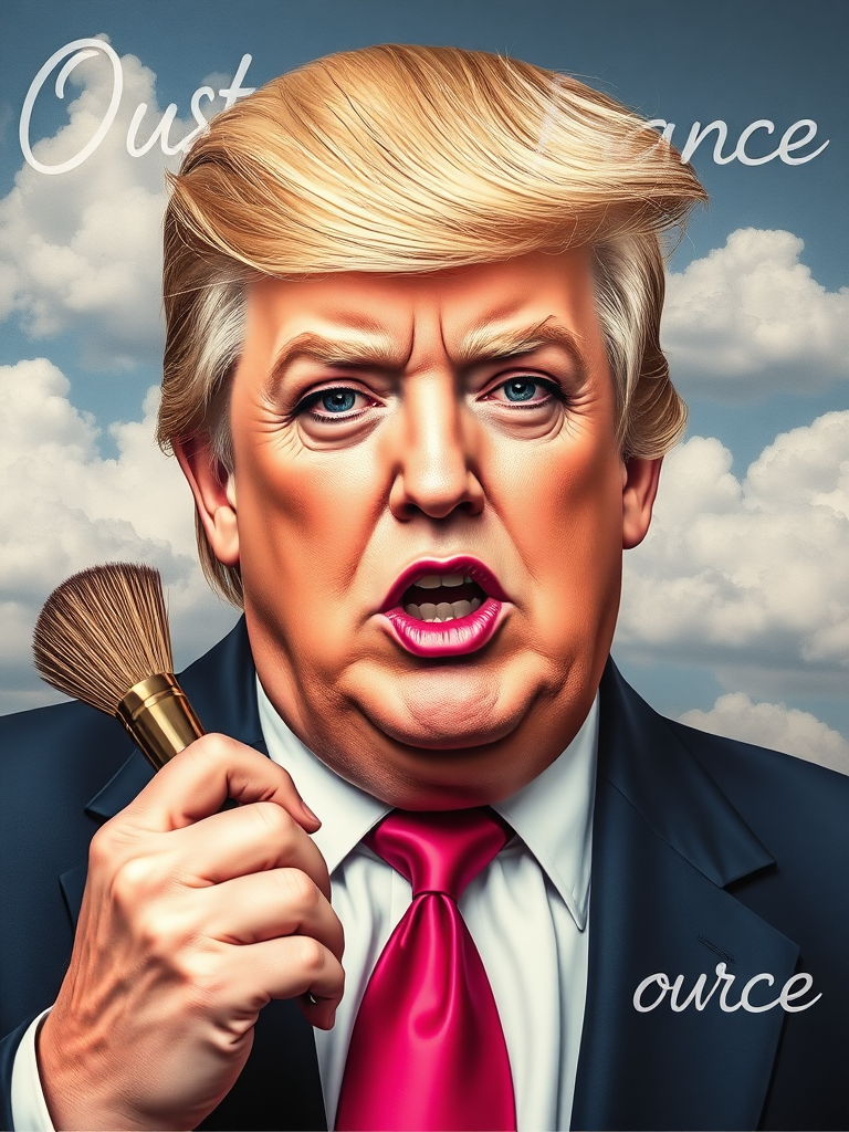 Donald Trump as a Drag Queen with brushing, eyeliners and pinky gloss. 'Ouest France' is written with clouds in the background.