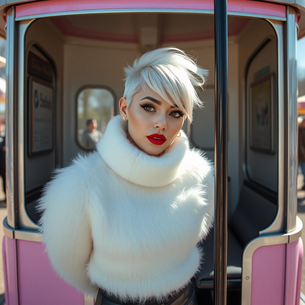 Amusement park “kissing booth”, sunny spring Sunday morning. Sam, 19 years old beautiful involuntary femboy, rebellious intractable character, petite boyish figure, platinum blond boyish rebel punk hairstyle, flawless heavily made-up face with sharp arched tattooed eyebrows, very enlarged red glossy lips, wearing Supertanya-style fluffy very fuzzy bright white angora thigh-length turtleneck-poncho fully covering body and arms, silver-glitter leggings, black leather high-heeled pumps, silver earrings, both hands tied to pole behind back, standing inside kissing booth, waiting for next customer to kiss. Focus on Sam’s face and turtleneck-poncho.