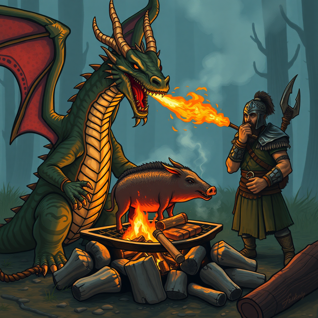 A dragon and a warrior roast the boar on the grill over a campfire, and the dragon spits fire out of its mouth to roast the wild boar.