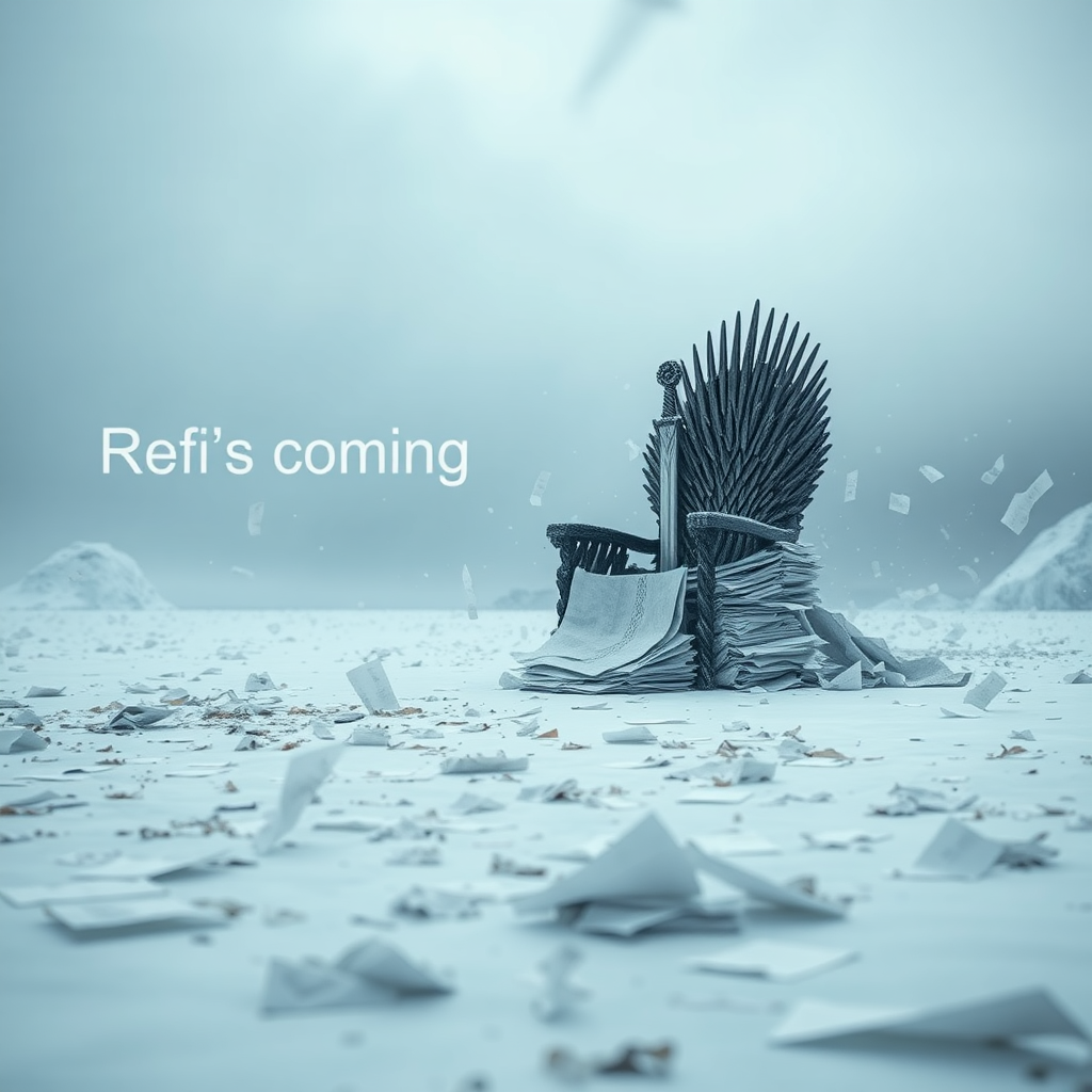 A legendary movie scene in Antarctica depicting the game of thrones sword chair made out of stacks of paper. The text in the background says “Refi’s are coming.”  
Epic theme and high quality cinematic elements. No animals or people. Winter storm, epic legendary shot. Stunning visuals. Papers are scattered across the frozen ground.