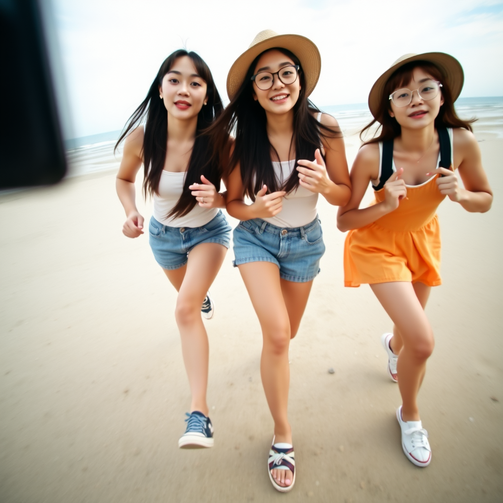 Four Asian girls with gorgeous faces, wearing shoes, run, white skin, tall, straight hair, selfie, beach, big eyes, glasses, hat.