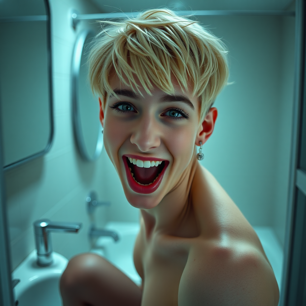 photorealistic, ultra high resolution, 16K, surreal fantasy, studio lighting, a pretty 16 year old goth boy, slim male physique, short blonde hair, goth makeup, earrings, pantyhose, white ballet shoes, in the bathroom, excited open mouth smile, facing the camera,