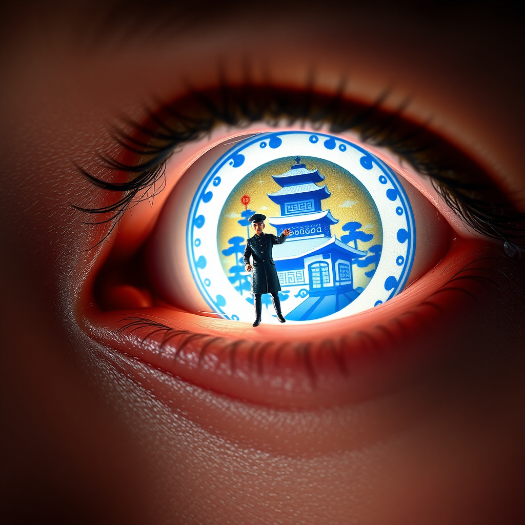 A close-up of eyes with lenses, The eye lens with traditional blue and white design Chinese blue white Design with a miniature man, trying to jump inside the lens looking like well. The composition emphasizes the eyes and its design, with flash light, focused lights, looking up, 16k, photorealistic, very closeup, soft skin texture visible