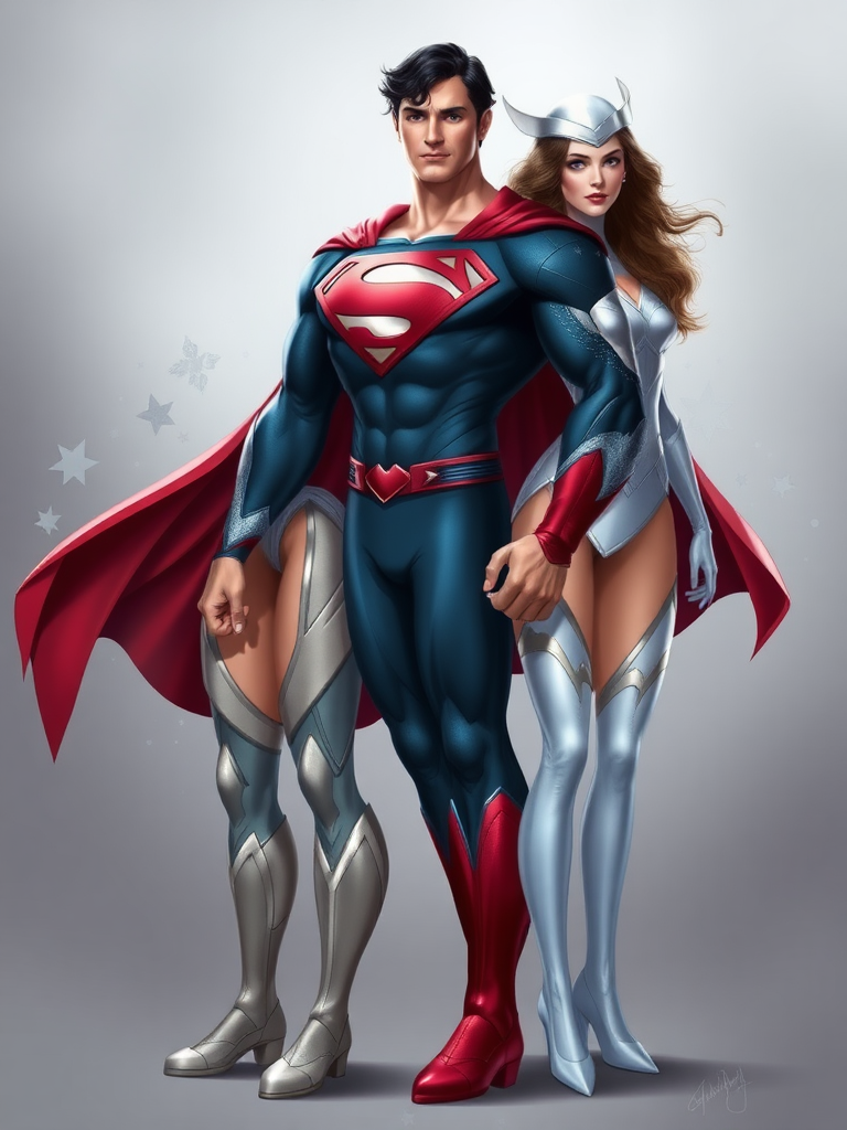 Create a character image: Superman with body attributes of Emma Frost, including height, frame, and shape. Integrate embellishments and elements from Emma Frost's costume. Design the background to suit both characters' styles.