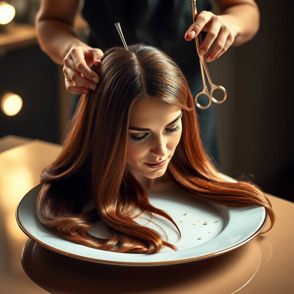 In a bizarre, surreal tableau, the polished surface of an elegant dining plate cradles the disembodied head of a strikingly beautiful Kate Middleton, her long, flowing hair cascading like a glossy waterfall of deep chestnut and honey highlights. The hair is luxuriously arranged, strands shimmering under the soft, ambient light that bathes the scene in an ethereal glow.

A skilled hairdresser, clad in a sleek black apron, stands poised with a pair of gleaming scissors, carefully trimming the endlessly luxurious locks that frame Kate's serene, almost ethereal features. The air is thick with the scent of salon products mingling with delicate hints of floral fragrances, creating an unusual yet strangely inviting atmosphere. The hairdresser's focused expression reveals a meticulous dedication as snippets of hair fall gracefully onto the pristine plate, echoing a sense of both artistry and absurdity.

The overall emotional tone conveys a dreamlike quality, inviting viewers to ponder the juxtaposition of beauty, identity, and the bizarre circumstances that bind them in this extraordinary moment.