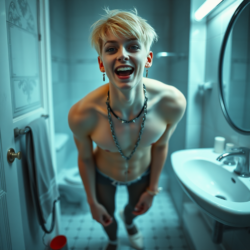 photorealistic, ultra high resolution, 16K, surreal fantasy, studio lighting, a pretty 16 year old goth boy, slim male physique, short blonde hair, goth makeup, earrings, spiky chain and leash, pantyhose, white ballet shoes, in the bathroom, excited open mouth smile, facing the camera.