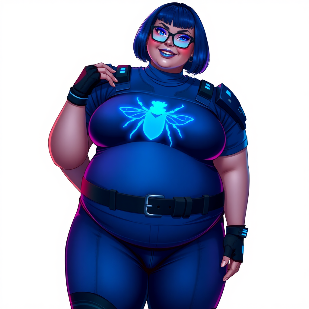 A 28-year-old, full-figured, deep metallic dark blue (5PB 4/10) skinned computer program hybrid with a maximum blue bob cut. She has a non-athletic build, highlighted by a prominent, round, large midsection (with full emphasis on her large belly), which shows the effects of her new love of junk food acquired from her link with her boyfriend. As the full-figured, nerdy, digital sidekick to her cyberpunk vigilante boyfriend, her metallic deep dark blue skin and maximum blue lipstick (5PB 5/12) emphasize her digital nature. Her skin has a subtle, animated glow, with digital patterns occasionally flickering across it, making her digital nature obvious. She wears a digital, computerized costume, consisting of a huge, tight-fitting, maximum blue t-shirt (5PB 5/12) with a neon glowing blue chest icon of a beetle, hi-tech shoulder pads with neon blue accents, a black hi-tech belt with a digital neon blue glowing buckle, digital maximum blue biker pants (5PB 5/12) with neon blue accents, and black hi-tech fingerless biker gloves with neon blue glowing accents. Her neon blue glowing eyes, black eyeglasses with neon blue glowing lenses equipped with a built-in HUD, and bashful smile with neon red blush accentuate her nerdiness. She stands bashfully with one hand behind her back and the other hand gently touching her cheek, her costume covering all her skin and fully emphasizing her full-figured physique (especially her large belly). She is clearly non-athletic, with a full focus on her full-figured physique. Despite her build, she radiates beauty. She has a slim face compared to her physique, accentuating her radiant beauty. She is on a solid white background. She is drawn as if she were in a retro 2D cyberpunk fighting game.