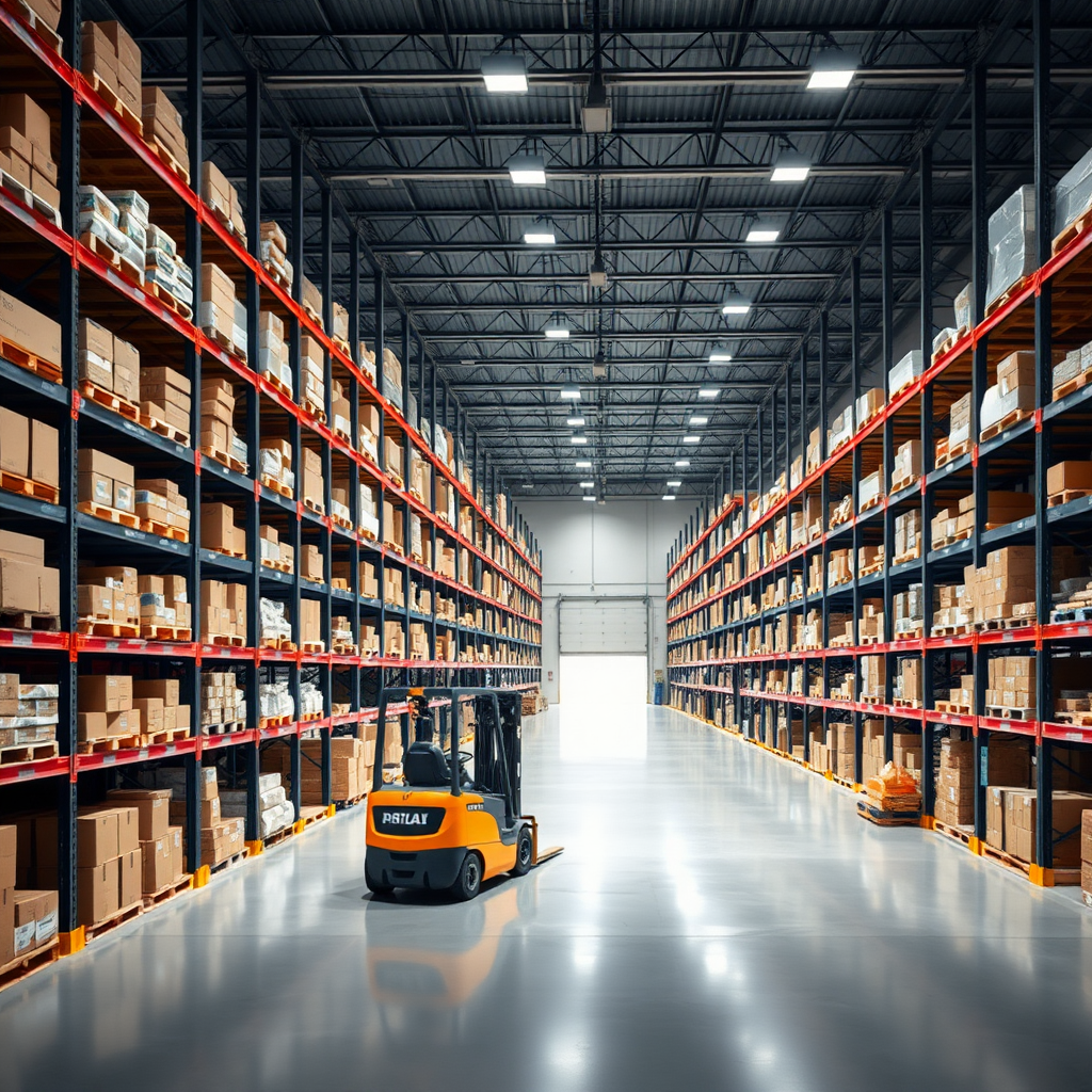 Create a high-resolution stock photo of a modern warehouse interior. The scene should include tall shelves filled with various boxes and products, a spacious layout with clear pathways, and bright overhead lighting. Include a forklift. The overall atmosphere should convey efficiency and organization, with a clean and professional look. NO text.