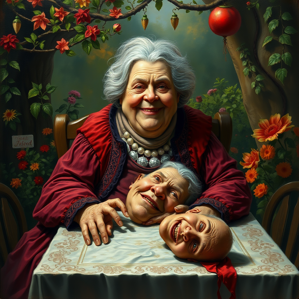 An ugly fat old lady is sitting in a fairytale garden, she is sitting at a table with the head of a man that is killed on the table smiling. Painting with dramatic lighting.