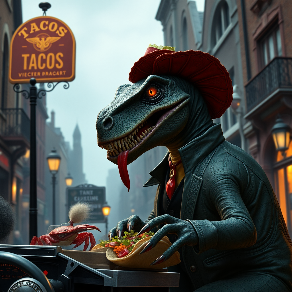 A vampire dinosaur selling tacos in Victorian England, tacky, grand theft auto, crabs, midnight.