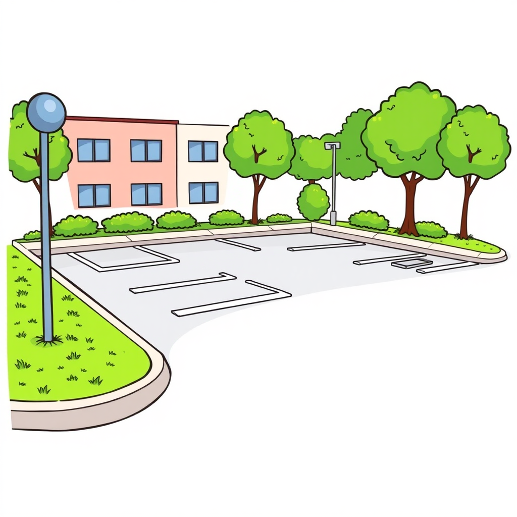 a small 5-space parking lot, borders, lawn, colorful image long establishing shot, 2D, caricature, cartoon, Sketch lines, coloring book, coloring book style on white background, well composed, clean coloring book page, No dither, no gradient, strong outline, No fill, No solids, vector illustration, realistic proportions, left side view, low angle