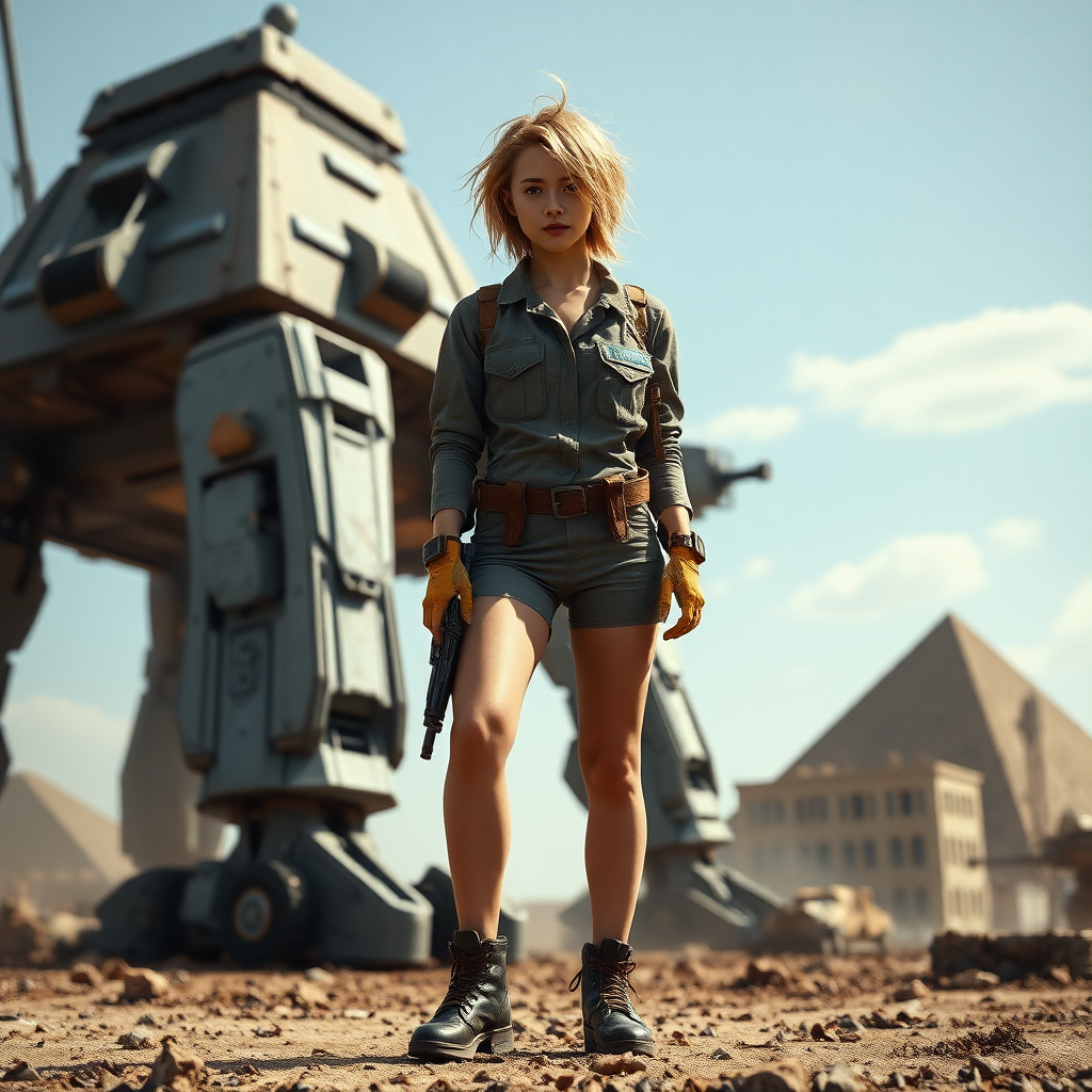 A full body shot of a pretty twenty-something female with a face resembling (ana de armas). strawberry blonde messy shoulder length hair tussled by wind. military outfit, "Benaenae" badge on the breast pocket, long legs, battlefield outside fortified pyramid bunker, standing on the foot of a battletech giant mech twice the height of buildings, Hyper-realistic, Photorealistic digital matte painting, soft focus, film grain, lens flare. gritty, dirty, scuffed.