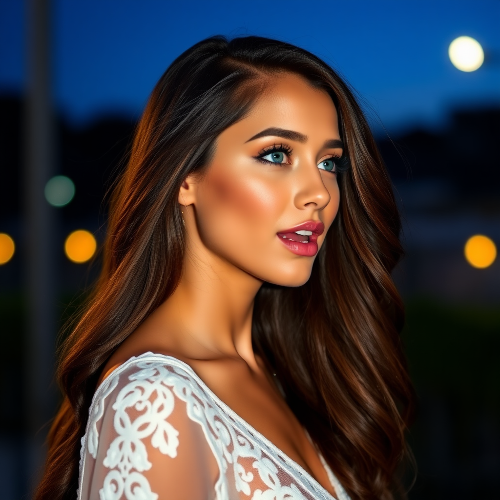 a young woman singing. long brunette hair with highlights, bright blue eyes. suntanned skin. small lips colored pale rose. looking to the side. wearing an elegant long white dress with transparent lace. view from far. night sky in background. photo