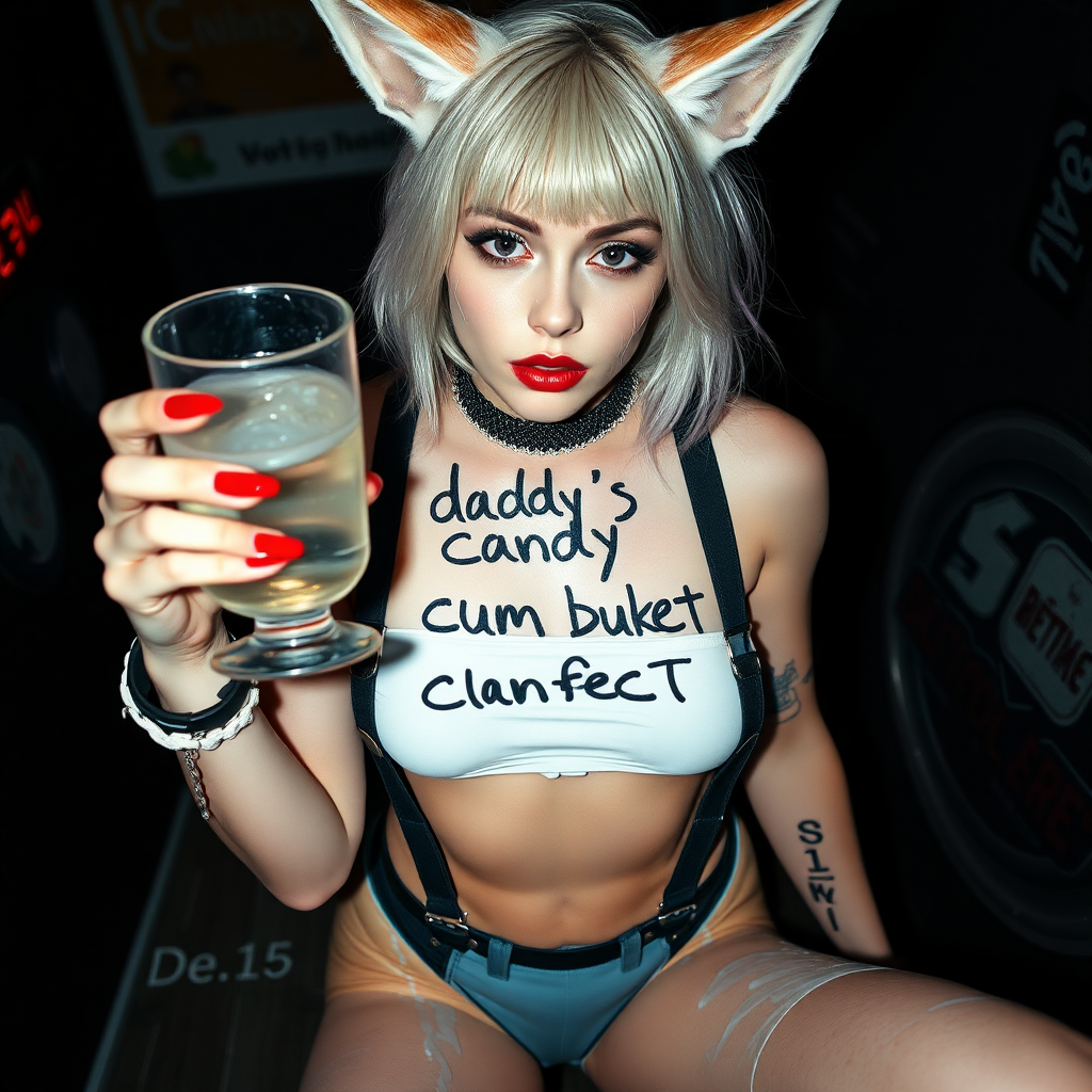 Full body in frame, high POV, Real life photo of a cyberpunk girl, she has “daddy’s cum bucket” written on her skin with lipstick. She is holding a glass of clear slime, she has fox ears, tiny cropped tee, wearing g-string thong, suspenders and chunky thigh boots, her face is covered in clear slime.