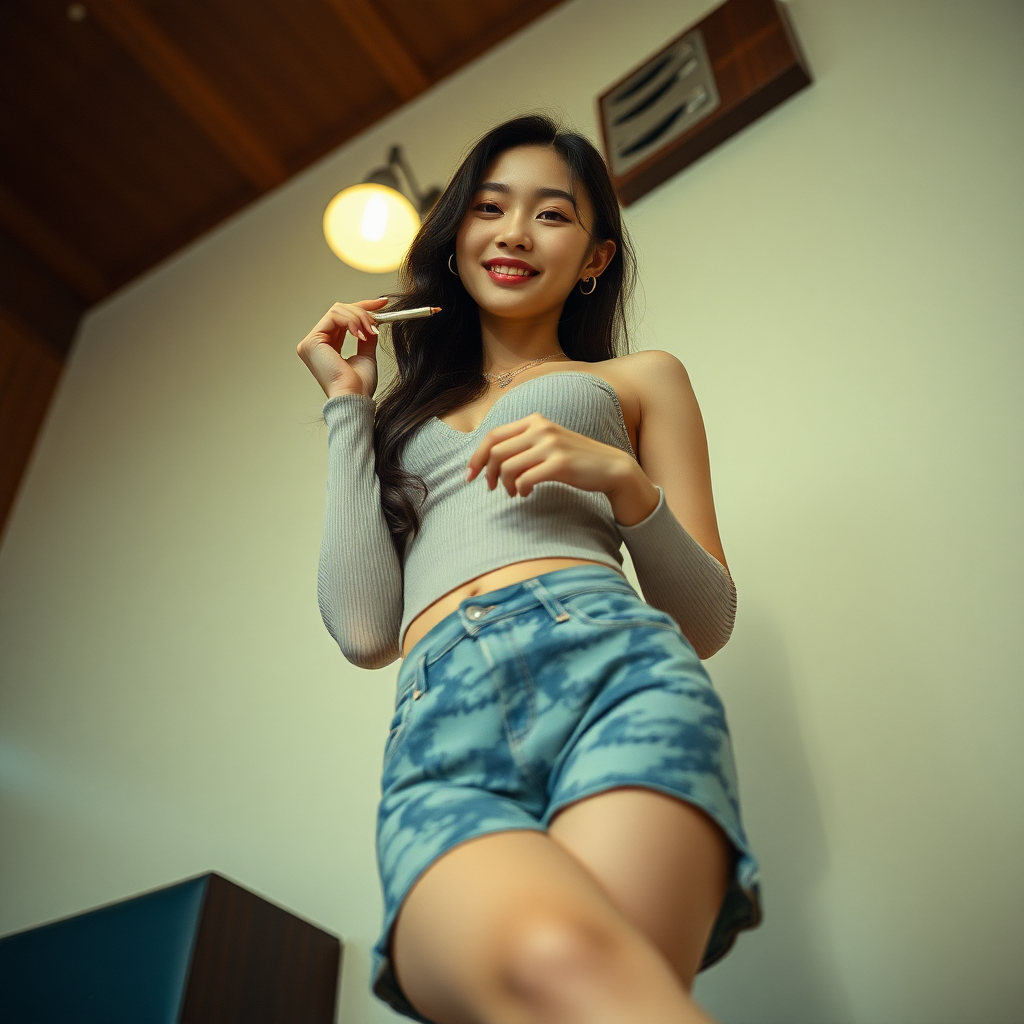 photo low angle full body shot beautiful xiaomeimei smiles and holds something near her thigh