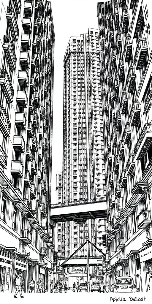 Create an ink portrait of a new Kolkata high-rise building, with a metro line running in between, in the detailed, monochromatic style of Apollonia Saintclair. Emphasize intricate line work, architectural details, and urban complexity.