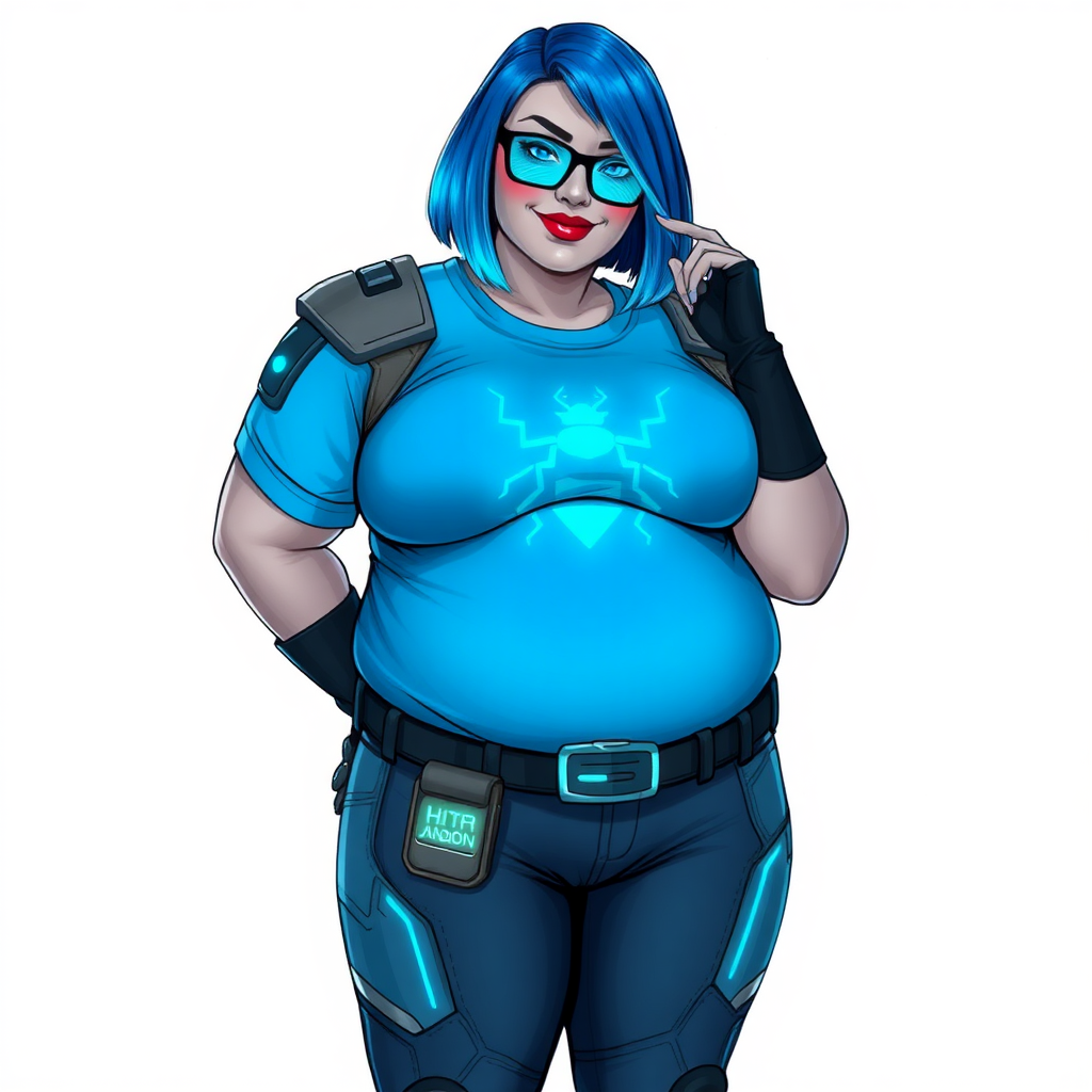 A 28-year-old, full-figured, metallic middle gray skinned computer program hybrid with a maximum blue bob cut. She has a non-athletic, full-figured build, highlighted by a prominent, round, large midsection (with full emphasis on her large belly). As the full-figured, nerdy, digital sidekick to her cyberpunk vigilante boyfriend, her metallic middle gray skin and maximum blue lipstick emphasize her digital nature. She wears a digital, computerized costume inspired by DC’s Carrie Kelly Robin, consisting of a huge, tight-fitting, maximum blue t-shirt with a neon blue glowing chest icon of a beetle, hi-tech shoulder pads with neon blue accents, a black hi-tech belt with a digital neon blue glowing buckle, digital maximum blue pants with neon blue accents, and black hi-tech fingerless biker gloves with neon blue glowing accents. Her bright blue eyes, black eyeglasses with glowing neon blue lenses with a built-in HUD, and shy smile with neon red blush accentuate her nerdiness. She stands bashfully with one hand behind her back and the other hand gently touching her cheek, her costume covering all her skin and emphasizing her full-figured physique (especially her belly). She is clearly non-athletic, with a heavy focus on her large belly. Despite her build, she radiates beauty. She has a slim face compared to her physique, accentuating her radiant beauty. She is on a solid white background. She is drawn as if she were in a retro 2D cyberpunk fighting game. Her full figure is on full display and fully emphasized.