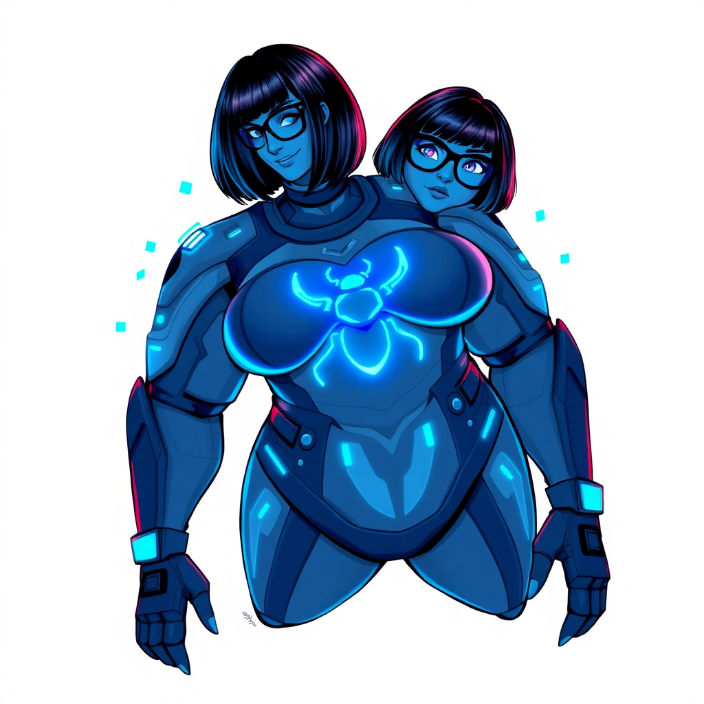 A 29-year-old computer science major, now transformed into a full-figured, nerdy digital sidekick for her cyberpunk vigilante boyfriend, with maximum blue skin. Her bob cut seamlessly blends with her skin, appearing to merge together as computer data, and her neon blue eyes glow intensely. Her full figure is defined by a prominently round gargantuan midsection, sequoia-sized limbs, and broad shoulders. As a loyal and supportive sidekick, she plays a crucial role in their missions, using her digital skills to assist and protect.

She wears a digital, computerized bodysuit which blends with her hair and skin (appearing to merge together like computer data), all are colored maximum blue. The bodysuit has a glowing neon blue beetle chest icon, along with matching high-tech gloves. She bashfully giggles with a neon red blush, emitting neon blue data cubes from her body, set against a solid white background. Heavily pampered by her doting boyfriend, her full figure (especially her prominently round gargantuan midsection) clearly shows this care. She has the ability to hack into computers and machines, and her nerdiness is blatantly obvious with her black oversized eyeglasses. Her full figure (especially her prominently round gargantuan midsection) is prominently displayed and heavily emphasized. Her outfit is influenced by DC’s Jennifer Knight Phantom Lady but remains distinct. She is drawn as if she was in a retro 2D cyberpunk fighting game. Ensure her skin color is distinct from Inside Out's Sadness and any other character. Ensure her midsection is round and her proportions are bloated to emphasize her figure.