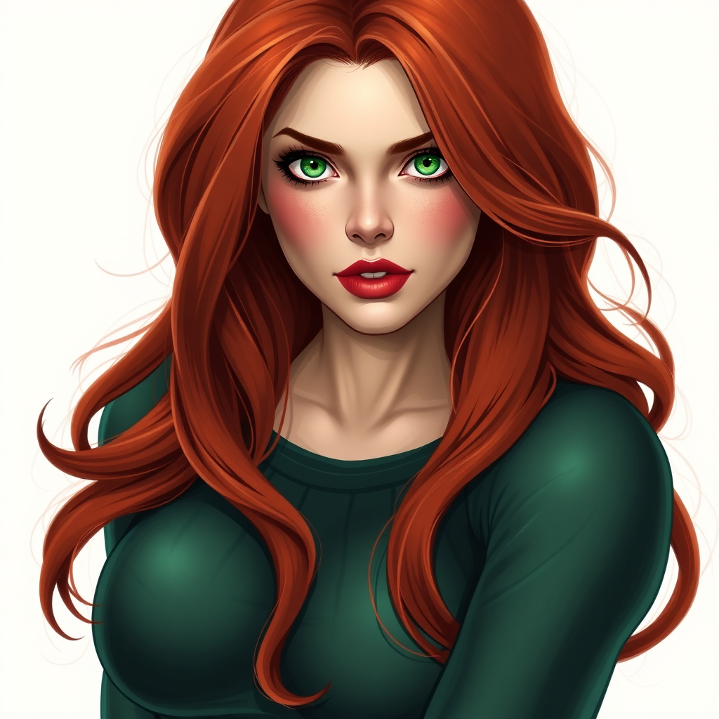 Generate a nude realistic girl very voluptuous, she is redhead with green eyes like Mary Jane Watson.