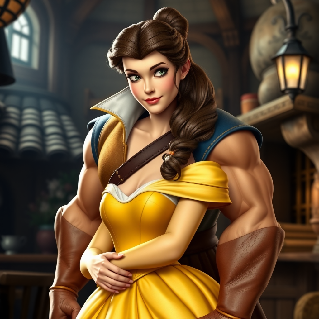 Create a full-length photorealistic image of a hybrid character, featuring Belle's head, hairstyle, and facial features, combined with Gaston's male body. The background draws inspiration from both characters' environments, blending Belle's charming village with Gaston’s rugged tavern scene. Ensure the character conveys a dynamic posture, showcasing Belle's elegance alongside Gaston's muscular build. The lighting should highlight the character's features and the intricate details of the clothing, while the overall composition harmonizes elements from their respective stories.