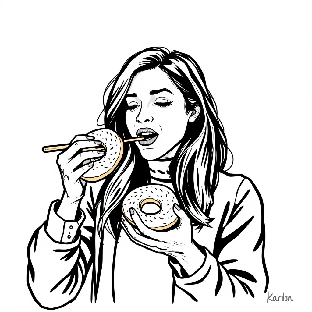 Draw a woman eating a bagel.